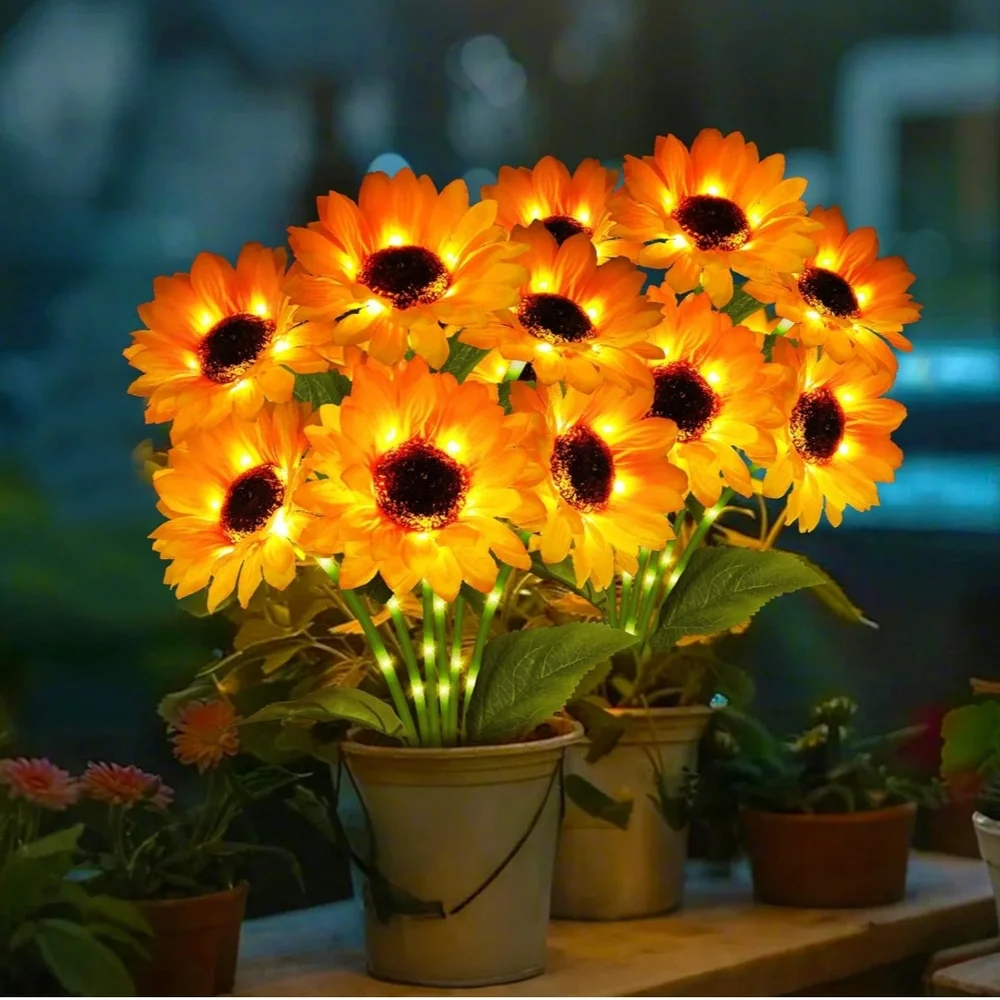 Solar-Powered Sunflower Garden Lights 4 Pack 24 Sunflower Lights,
